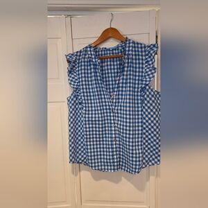 Draper James Sz XL Blue Gingham Ruffle Sleeve Women's Top